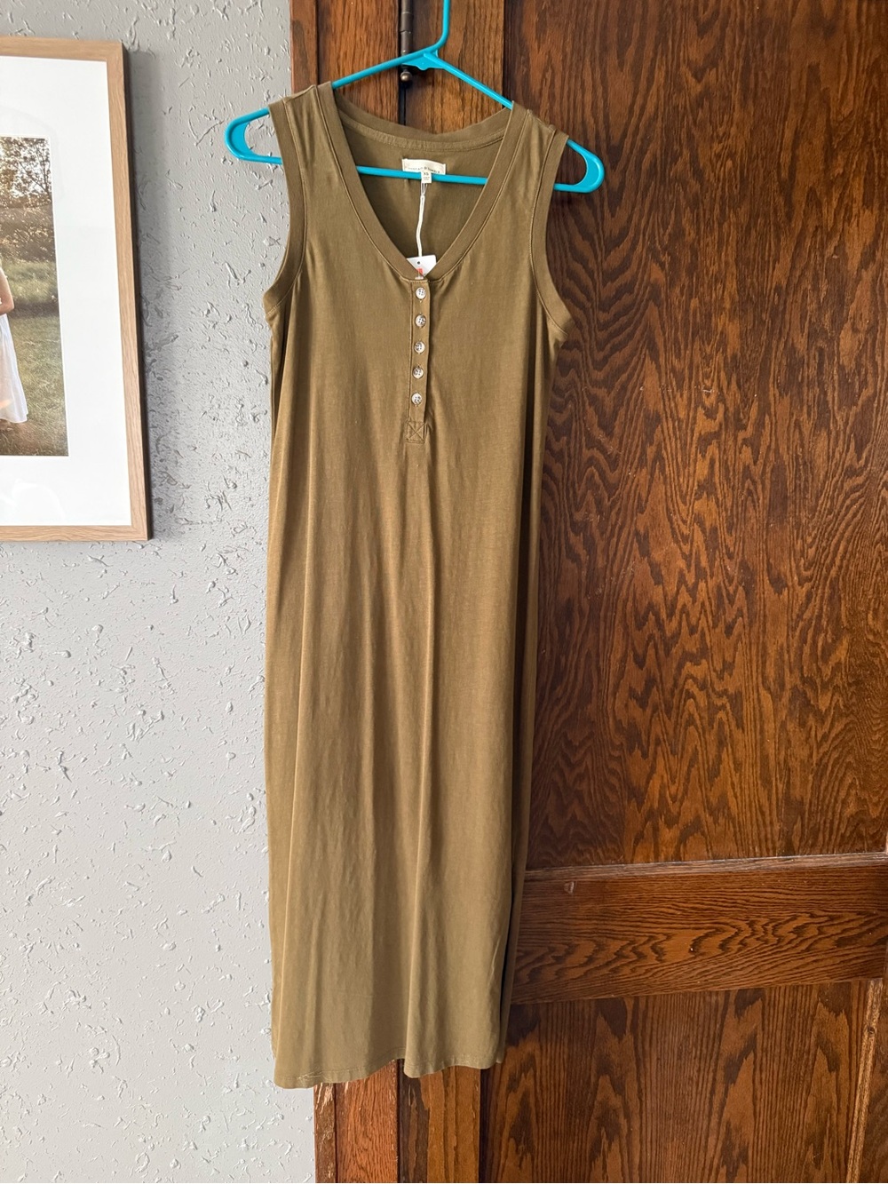 Thread & Supply Sleeveless Olive Dress with Front Button Detail